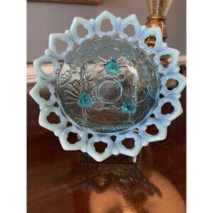 1905 Sky Blue Northwood Shell and Wild Rose Opalescent Footed Flared Bowl